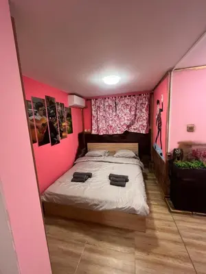 a bedroom with a bed with a pink wall at MOTEL Route 80 in Bozhurishte