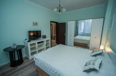 a bedroom with a large bed and a television at Alex's Charming Apartment by NDK in Sofia