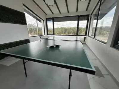 a ping pong table in a room with windows at Къща за гости Алино Хаус in Alino