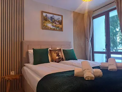 a bedroom with a large bed with a window at Alpine Apart Pamporovo in Pamporovo