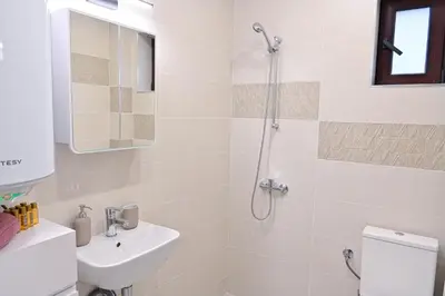 a bathroom with a shower and a toilet and a sink at White Peaks 1BR Apartment Bansko by SI Stay in Bansko