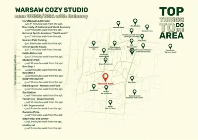 a map of the top things todo area at Warsaw Cozy Studio near UNSS and NSA with Balcony in Sofia