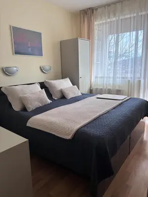a large bed in a bedroom with a window at Apartment at the foot of Pirin in Bansko