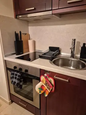 a kitchen with a sink and a stove top oven at Mountain Heaven Downtown in Bansko