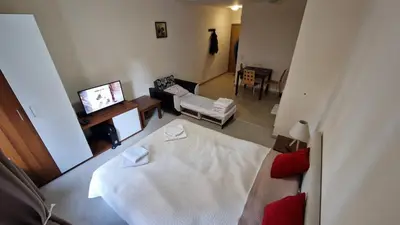 a living room with a white bed and a couch at Studio Kalina Green Life in Pamporovo