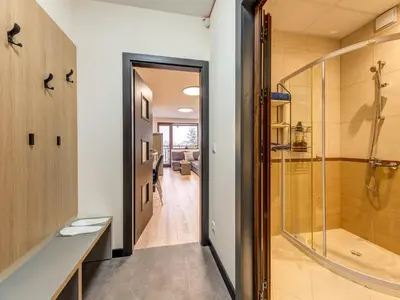 a bathroom with a shower and a walk in shower at Alpine Glow Studio with Parking Pamporovo in Pamporovo