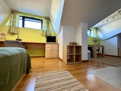 a bedroom with a bed and a desk and a window at Green Elephant in Razlog