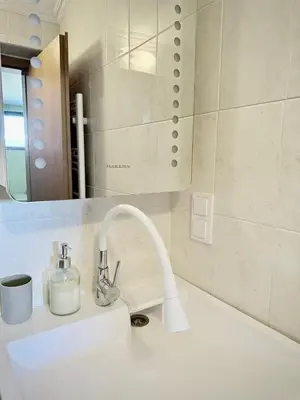 a bathroom sink with a faucet and a mirror at Green Elephant in Razlog