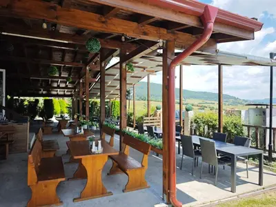 an outdoor patio with wooden tables and chairs at Свети Георги in Tsigov Chark