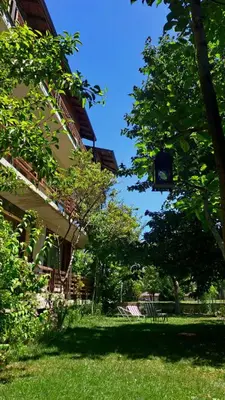 a house with a yard with a bench and trees at къща за гости Цветелина и Митко in Bansko