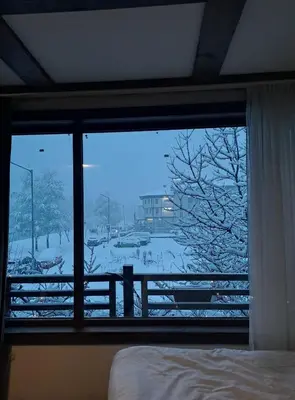 a bedroom window with a view of a snow covered yard at къща за гости Цветелина и Митко in Bansko