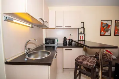 a small kitchen with a sink and a microwave at Private Ap in Perun Lodge Ski Escape & Spa in Bansko