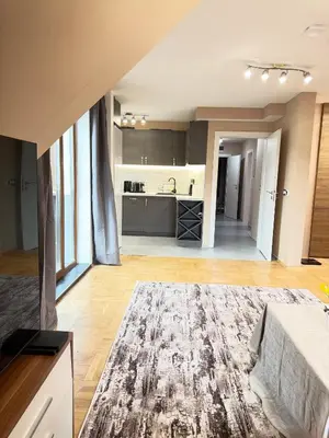 an open kitchen and living room with a rug at New cozy apartment with undefloor heating 86m2 in Sofia
