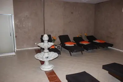 a waiting room with black chairs and a fountain at Comfort apartment in the house in Razlog