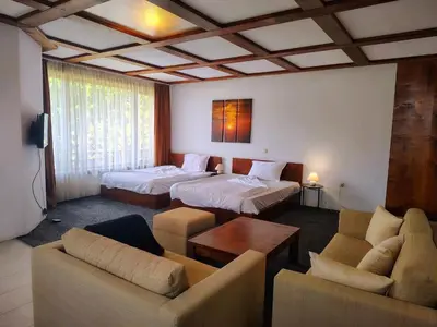 a hotel room with two beds and a living room at Цветелина и Митко in Bansko