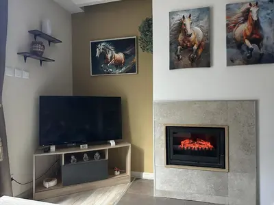 a living room with a tv and a fireplace at Aurora Apartment in Bansko