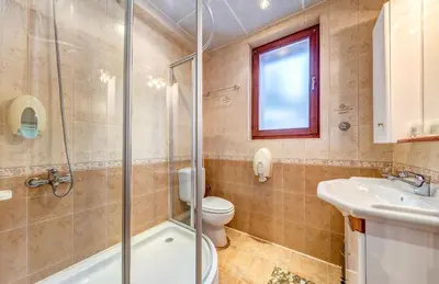 a bathroom with a shower and a toilet and a sink at Комплекс Райковски Ливади in Pamporovo