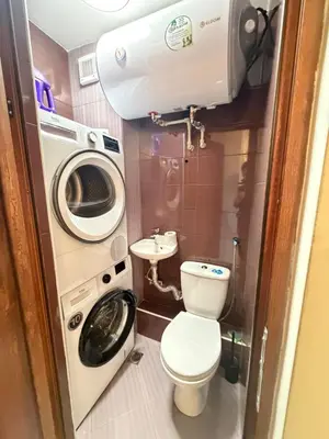 a small bathroom with a toilet and a washing machine at New cozy 3 bedroom apartment 90m2 in Sofia