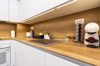 a kitchen with a counter top with a mixer on it at Gorgeous central Yanevi 2 BR & parking in Plovdiv