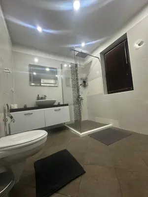 a bathroom with a shower and a toilet and a sink at Prime Mountain View Bansko in Bansko