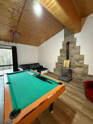 a pool table in a room with a fireplace at Къща за гости GREEN HILLS in Beli Osŭm