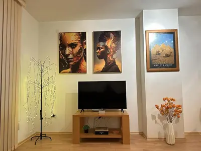 a living room with a tv and some pictures on the wall at Borealis Apartment in Bansko