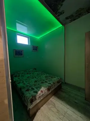 a green room with a bed with a green ceiling at Наслада in Panagyurishte