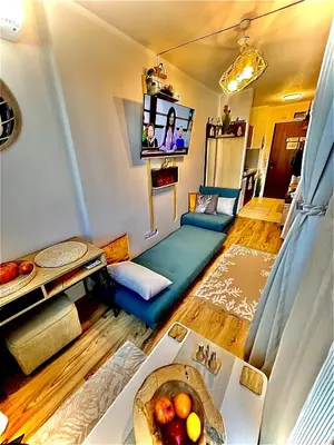 a living room with a couch and a tv at Borovets luxury studio in Samokov