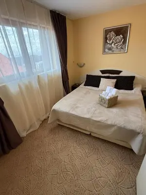 a bedroom with a large bed with a window at Пампорово Mountain Lodge апартамент 46 in Pamporovo