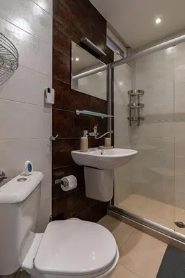 a bathroom with a toilet and a sink and a shower at Grand Stamboliyski Residence in Sofia