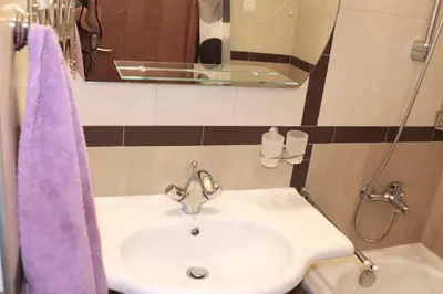 a bathroom with a sink and a purple towel at Rila Morning in Borovets