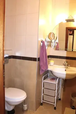 a bathroom with a sink and a toilet and a mirror at Rila Morning in Borovets