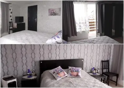two pictures of a bedroom with a bed and a window at Бутикови стаи за гости- Felicita in Kyustendil