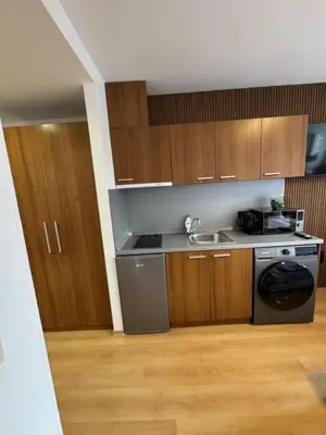 a small kitchen with a sink and a stove at Villa Park Borovets in Borovets