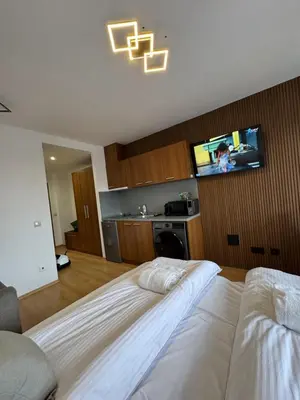 a bedroom with a bed and a flat screen tv at Villa Park Borovets in Borovets