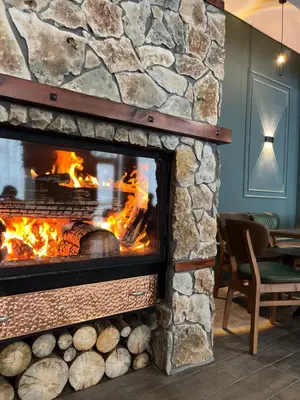 a fireplace in a restaurant with a fire at Hotel Rodope in Pamporovo