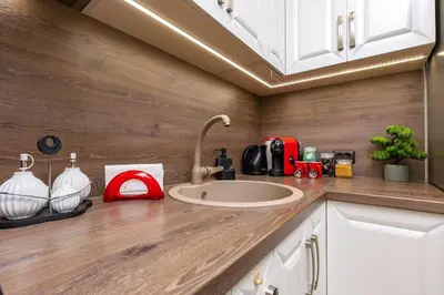 a kitchen counter with a sink in a kitchen at South Beautiful Apartment Vaptsarov in Plovdiv
