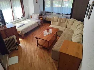 a living room with a couch and a table at Къща за гости Свети Георги in Pamporovo