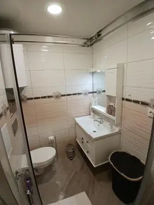 a bathroom with a white toilet and a sink at Estrella Apartment in Velingrad