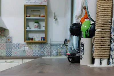 a kitchen counter with a cup with utensils on it at Three Vintage Apartments by NDK and Vitosha Blvd with Free Parking in Sofia