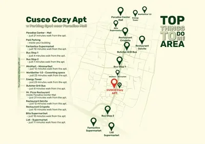 a map of the top things to do in the area at Cusco Cozy Apt w Parking Spot near Paradise Mall and WiFI in Sofia