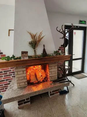 a brick fireplace in a living room with a fire at Guest House Vanessa 2 in Gulubovo