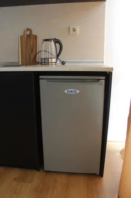 a kitchen counter with a refrigerator under a counter top at morning in the mountains - apartment in Razlog