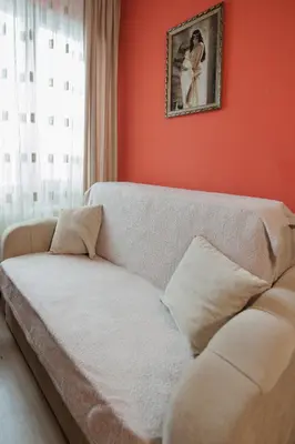 a couch in a living room with an orange wall at Trafi Em in Sofia