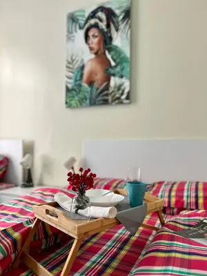 a table with a plate on top of a bed at Flower home 4 in Sofia
