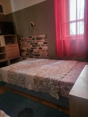 a bedroom with a bed and a brick wall at Hostel Alex 1 in Sofia