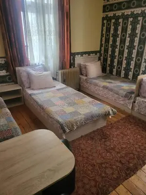 a room with two twin beds and a rug at Hostel Alex 1 in Sofia