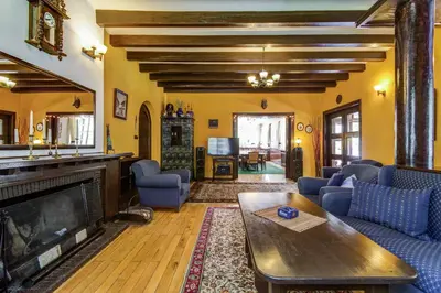 a living room with a couch and a fireplace at Villa Kalia in Borovets