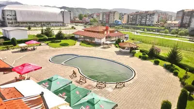 an overhead view of a swimming pool in a city at Hotel Grand in Samokov