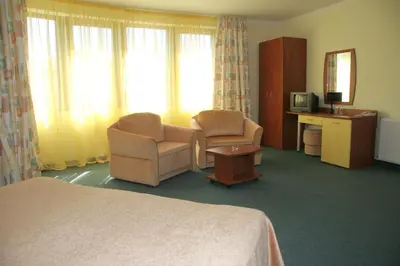 a hotel room with a bed and two chairs and a television at Hotel Grand in Samokov